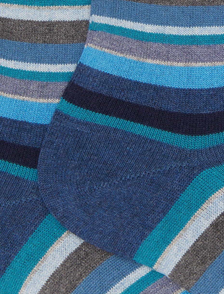 Men's short blue cotton and cashmere socks with multicoloured micro stripes - Gallo 1927 - Official Online Shop