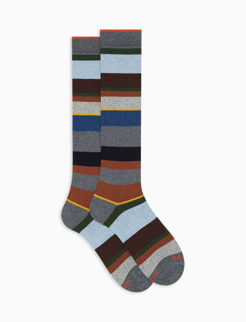 Men's long grey cotton and cashmere socks with multicoloured macro stripes - Gallo 1927 - Official Online Shop