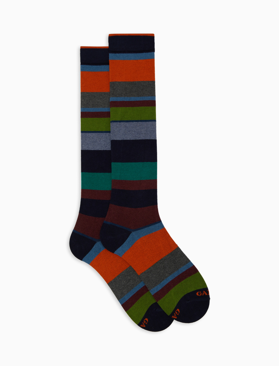 Men's long blue cotton and cashmere socks with multicoloured macro stripes - Gallo 1927 - Official Online Shop