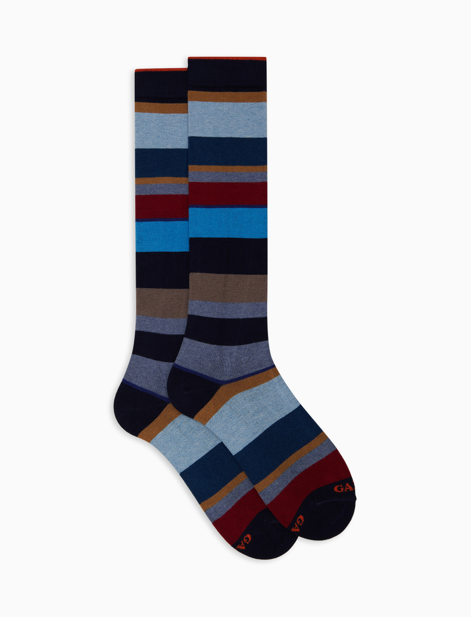 Men's long blue cotton and cashmere socks with multicoloured macro stripes - Gallo 1927 - Official Online Shop