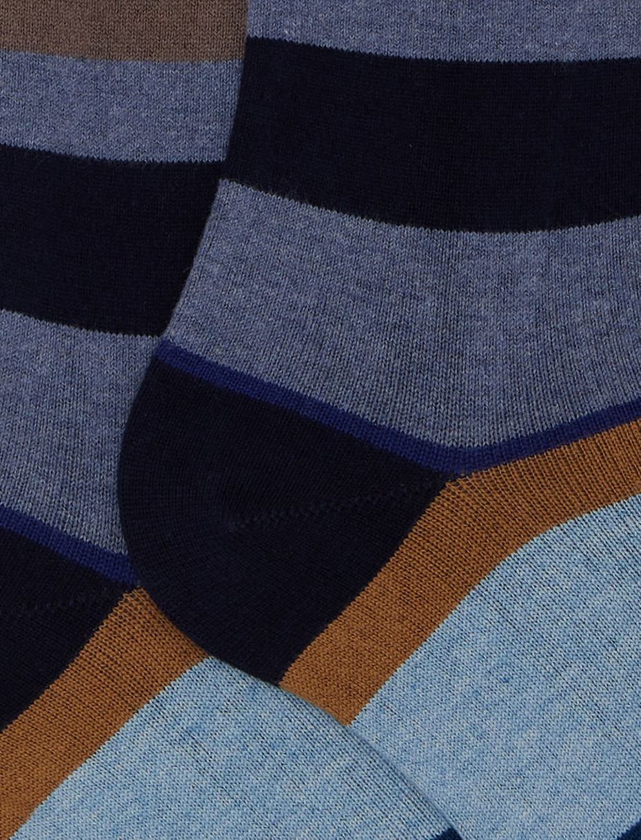 Men's long blue cotton and cashmere socks with multicoloured macro stripes - Gallo 1927 - Official Online Shop