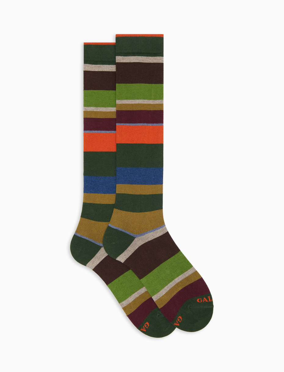 Men's long green cotton and cashmere socks with multicoloured macro stripes - Gallo 1927 - Official Online Shop