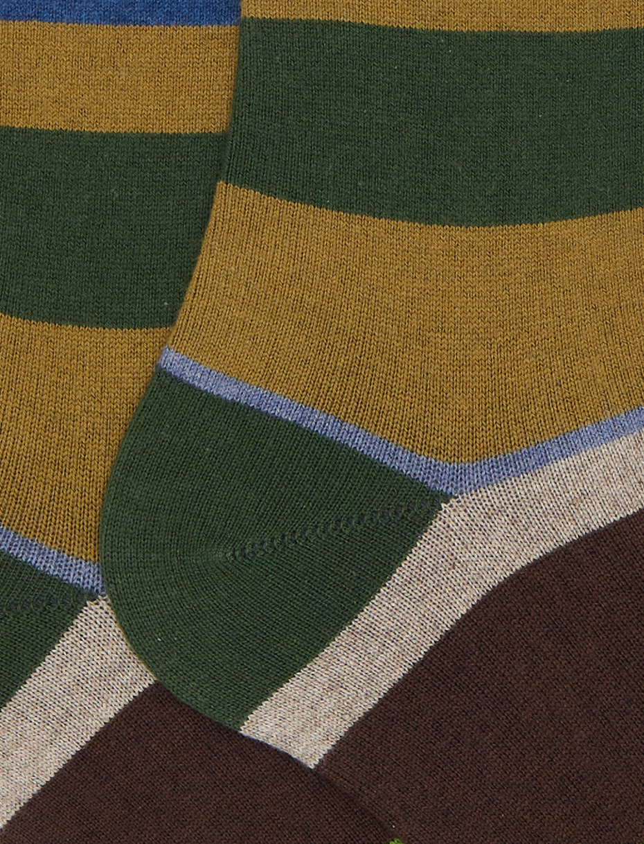 Men's long green cotton and cashmere socks with multicoloured macro stripes - Gallo 1927 - Official Online Shop