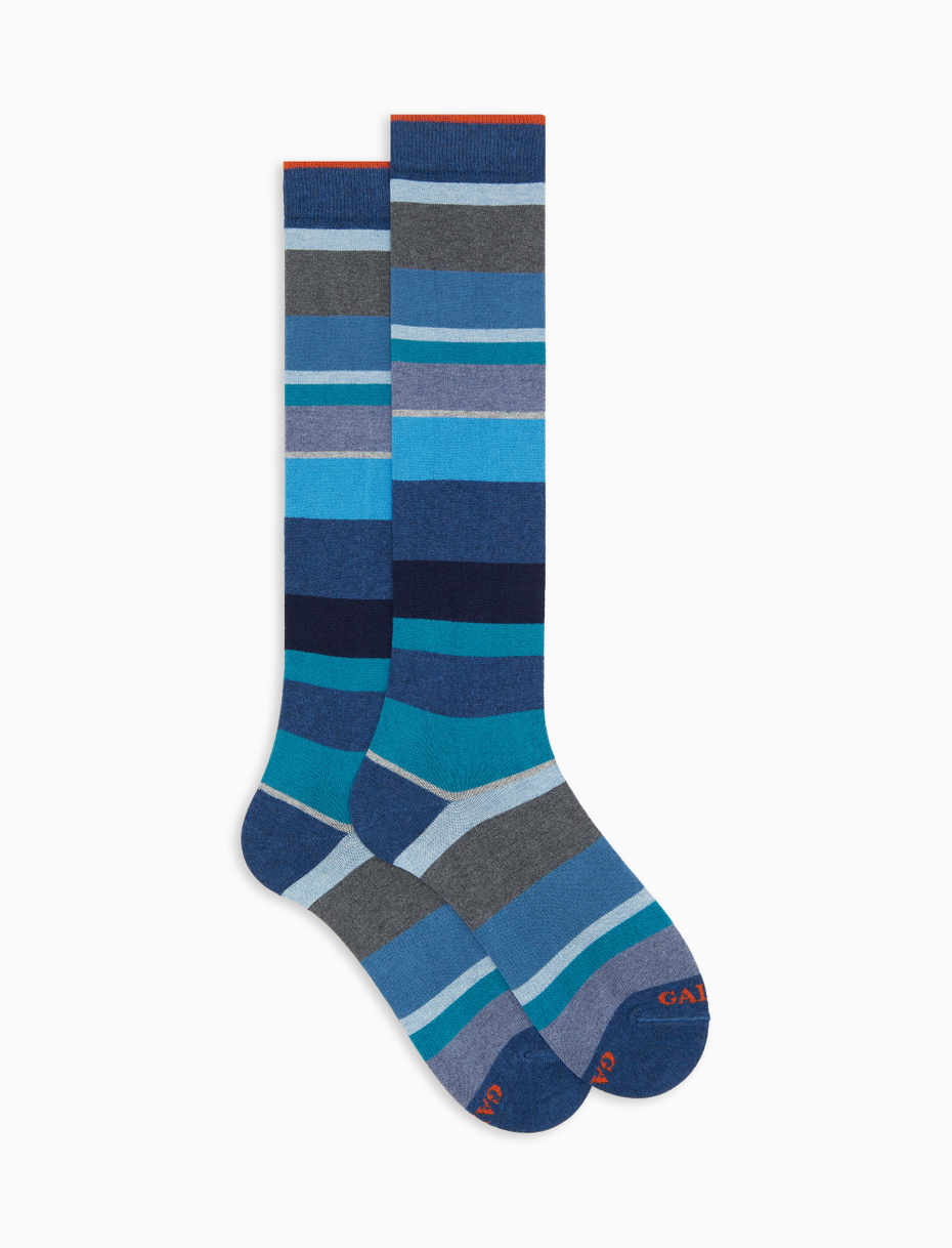 Men's long blue cotton and cashmere socks with multicoloured macro stripes - Gallo 1927 - Official Online Shop