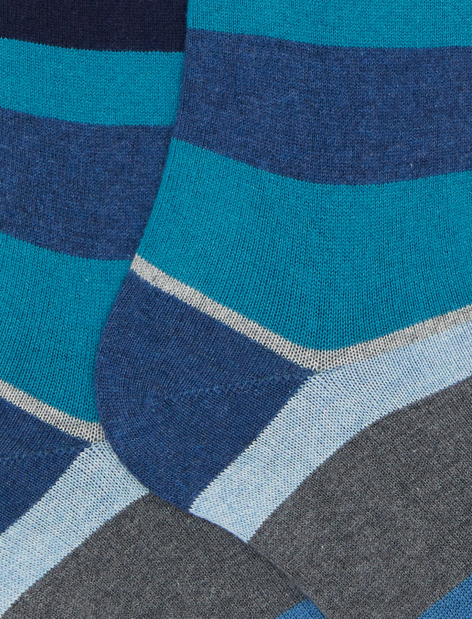 Men's long blue cotton and cashmere socks with multicoloured macro stripes - Gallo 1927 - Official Online Shop