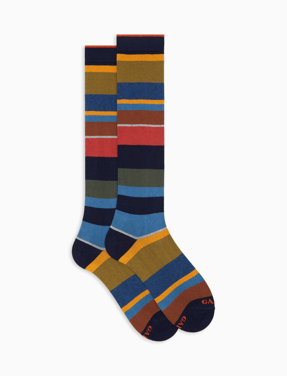 Men's long blue cotton and cashmere socks with multicoloured macro stripes - Gallo 1927 - Official Online Shop