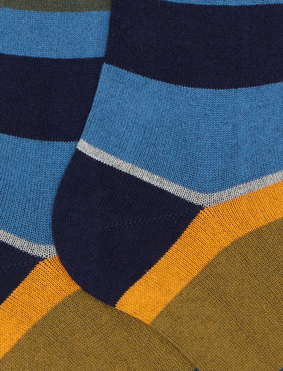 Men's long blue cotton and cashmere socks with multicoloured macro stripes - Gallo 1927 - Official Online Shop