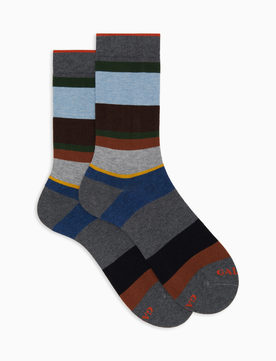 Men's short grey cotton and cashmere socks with multicoloured macro stripes - Gallo 1927 - Official Online Shop