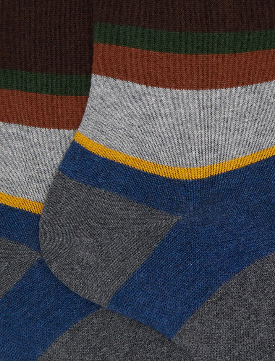 Men's short grey cotton and cashmere socks with multicoloured macro stripes - Gallo 1927 - Official Online Shop