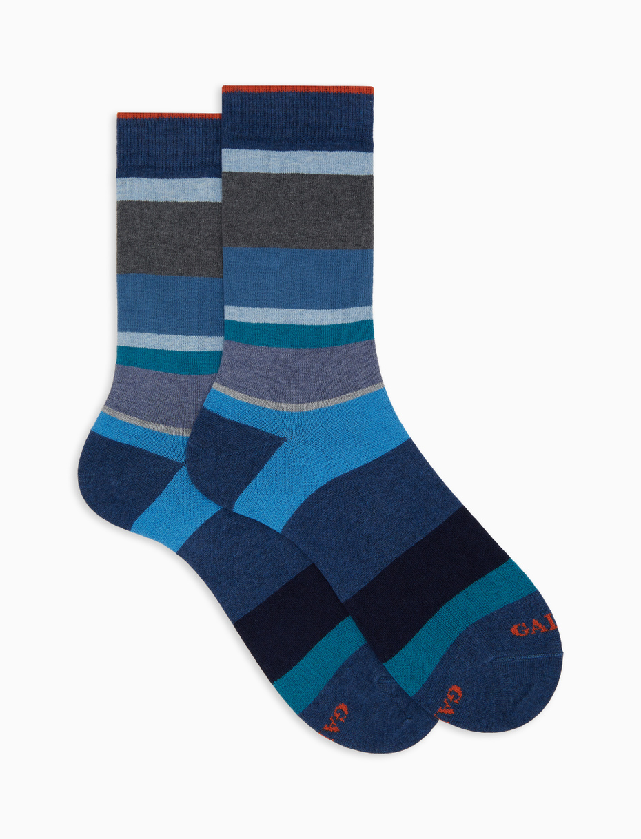 Men's short blue cotton and cashmere socks with multicoloured macro stripes - Gallo 1927 - Official Online Shop
