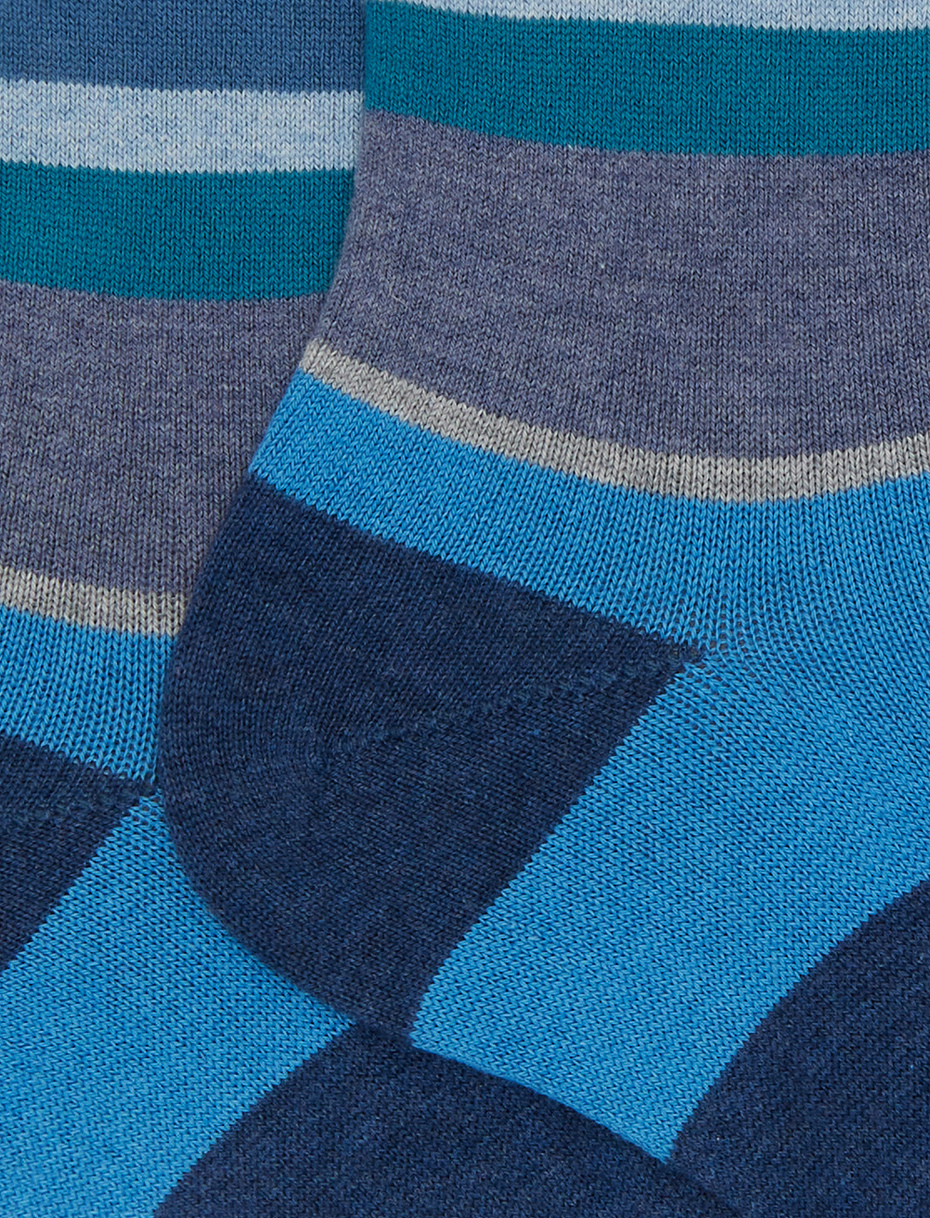 Men's short blue cotton and cashmere socks with multicoloured macro stripes - Gallo 1927 - Official Online Shop