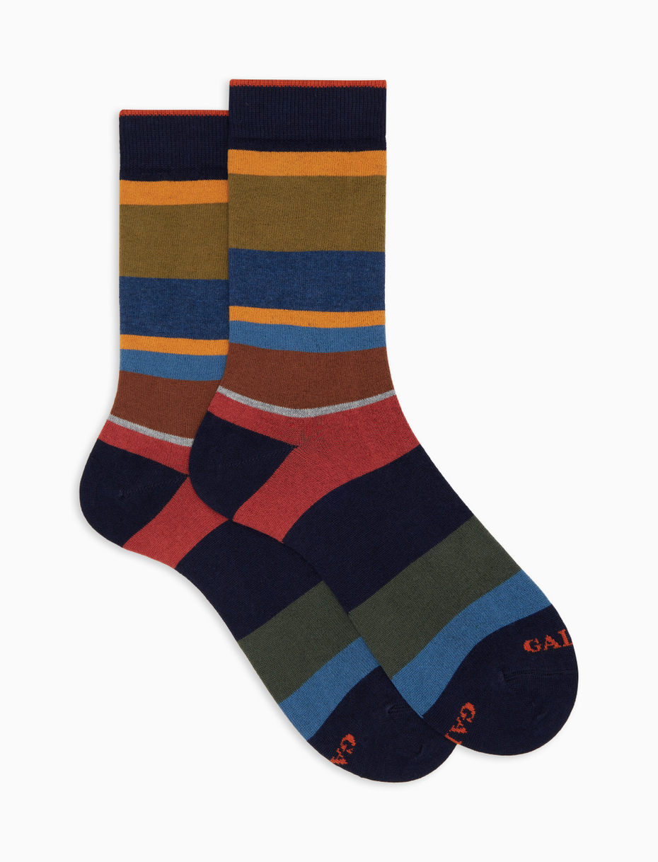 Men's short blue cotton and cashmere socks with multicoloured macro stripes - Gallo 1927 - Official Online Shop