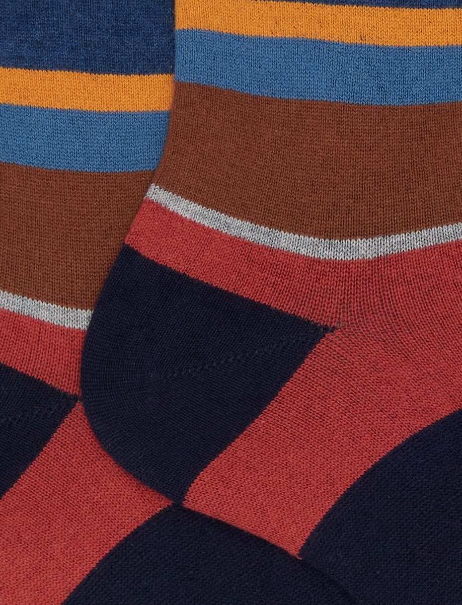 Men's short blue cotton and cashmere socks with multicoloured macro stripes - Gallo 1927 - Official Online Shop