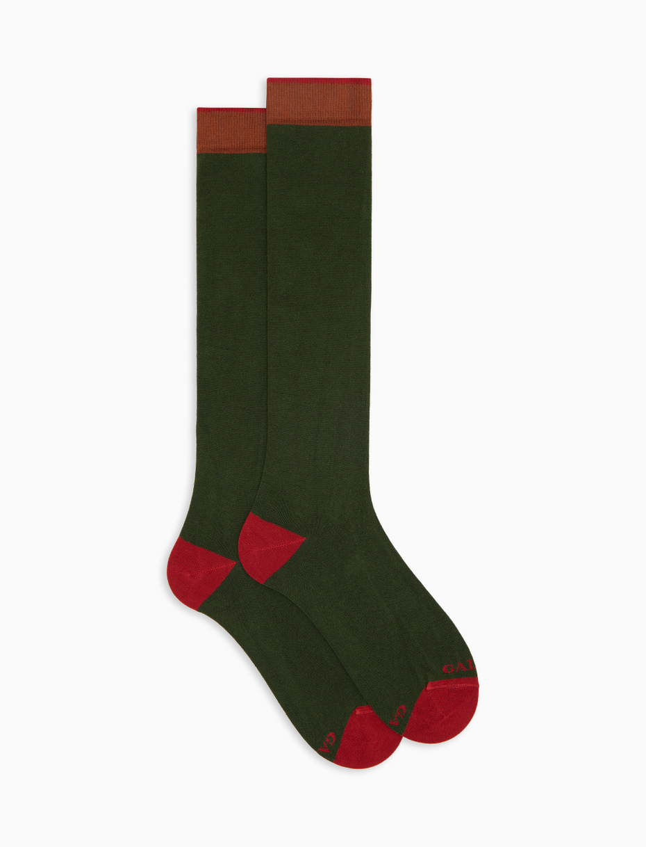 Men's long plain green cotton and cashmere socks with contrasting details - Gallo 1927 - Official Online Shop