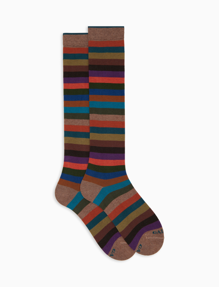 Men's long beige cotton socks with even stripes - Gallo 1927 - Official Online Shop