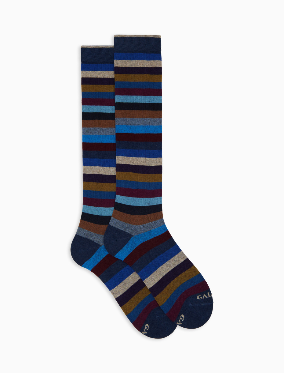 Men's long blue cotton socks with even stripes - Gallo 1927 - Official Online Shop