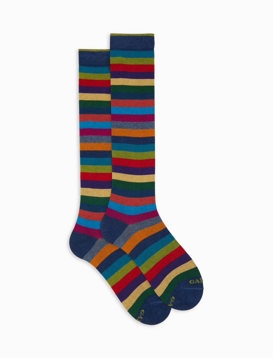 Men's long blue cotton socks with even stripes - Gallo 1927 - Official Online Shop