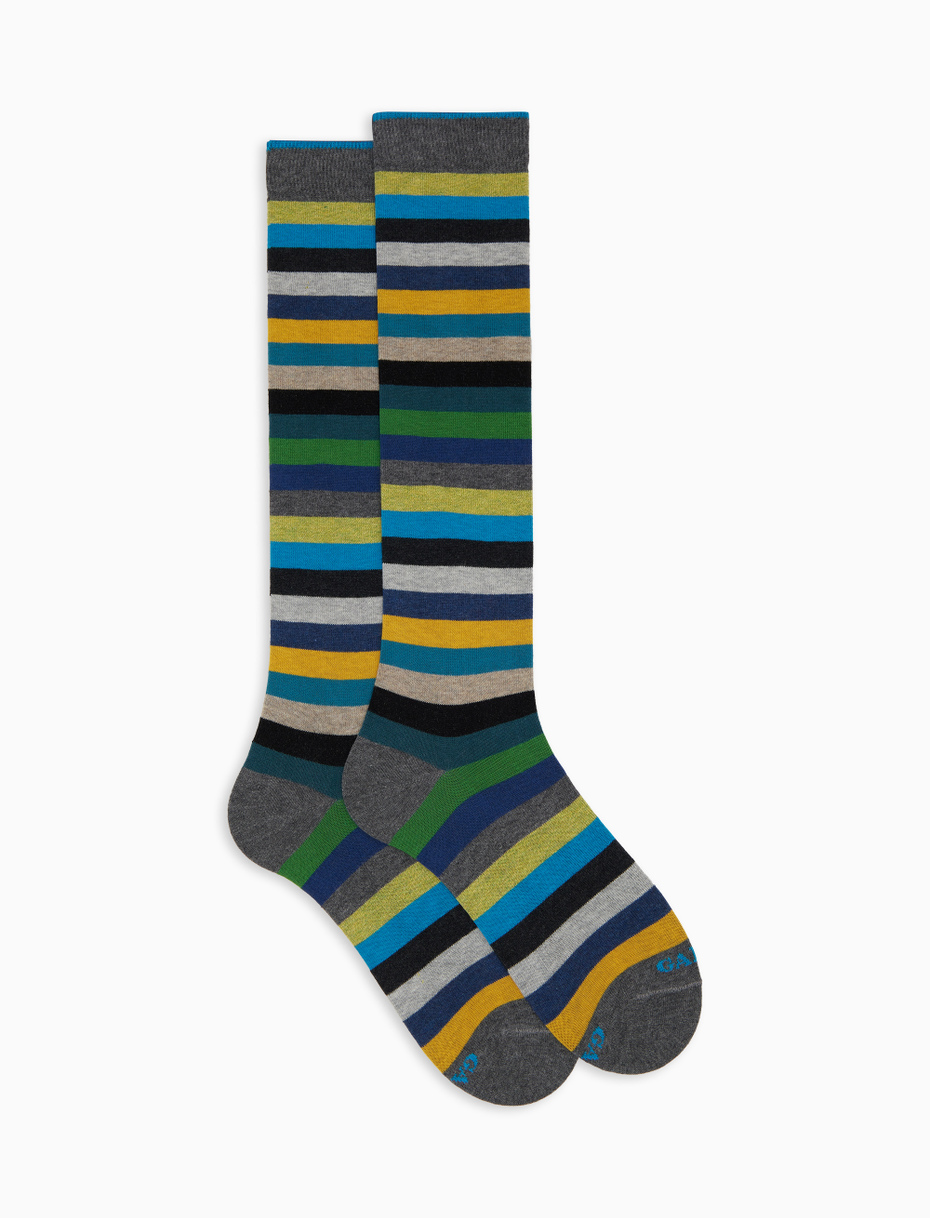 Men's long grey cotton socks with even stripes - Gallo 1927 - Official Online Shop
