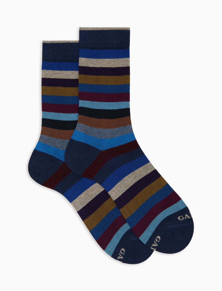 Men's short blue cotton socks with even stripes - Gallo 1927 - Official Online Shop