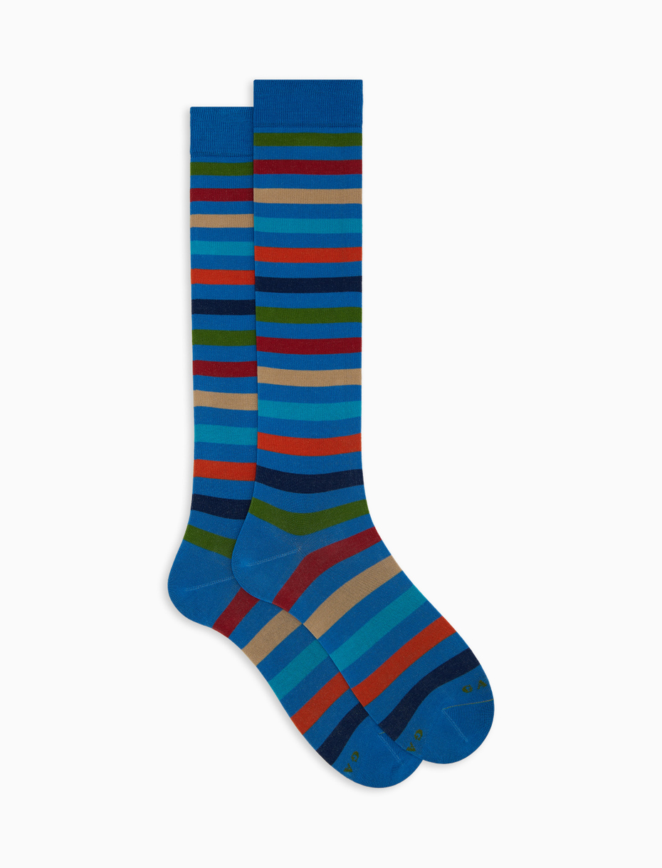 Men's long light blue cotton socks with even stripes - Gallo 1927 - Official Online Shop