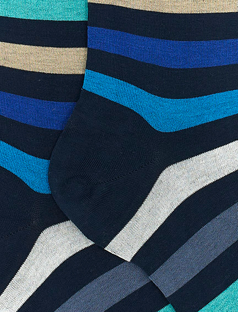 Men's long ocean blue ultra-light cotton socks with even stripes - Gallo 1927 - Official Online Shop