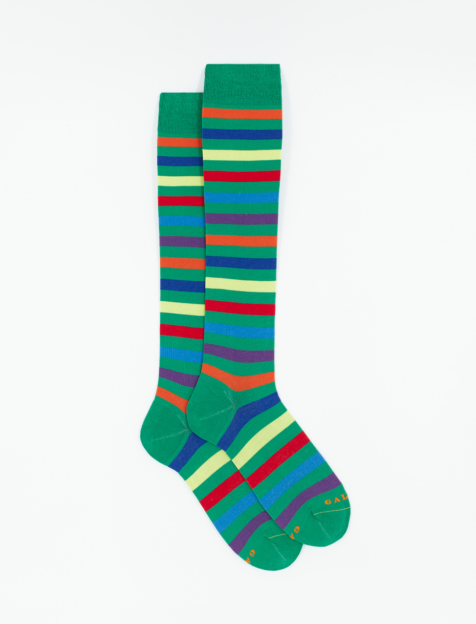 Men's long shamrock green ultra-light cotton socks with even stripes - Gallo 1927 - Official Online Shop