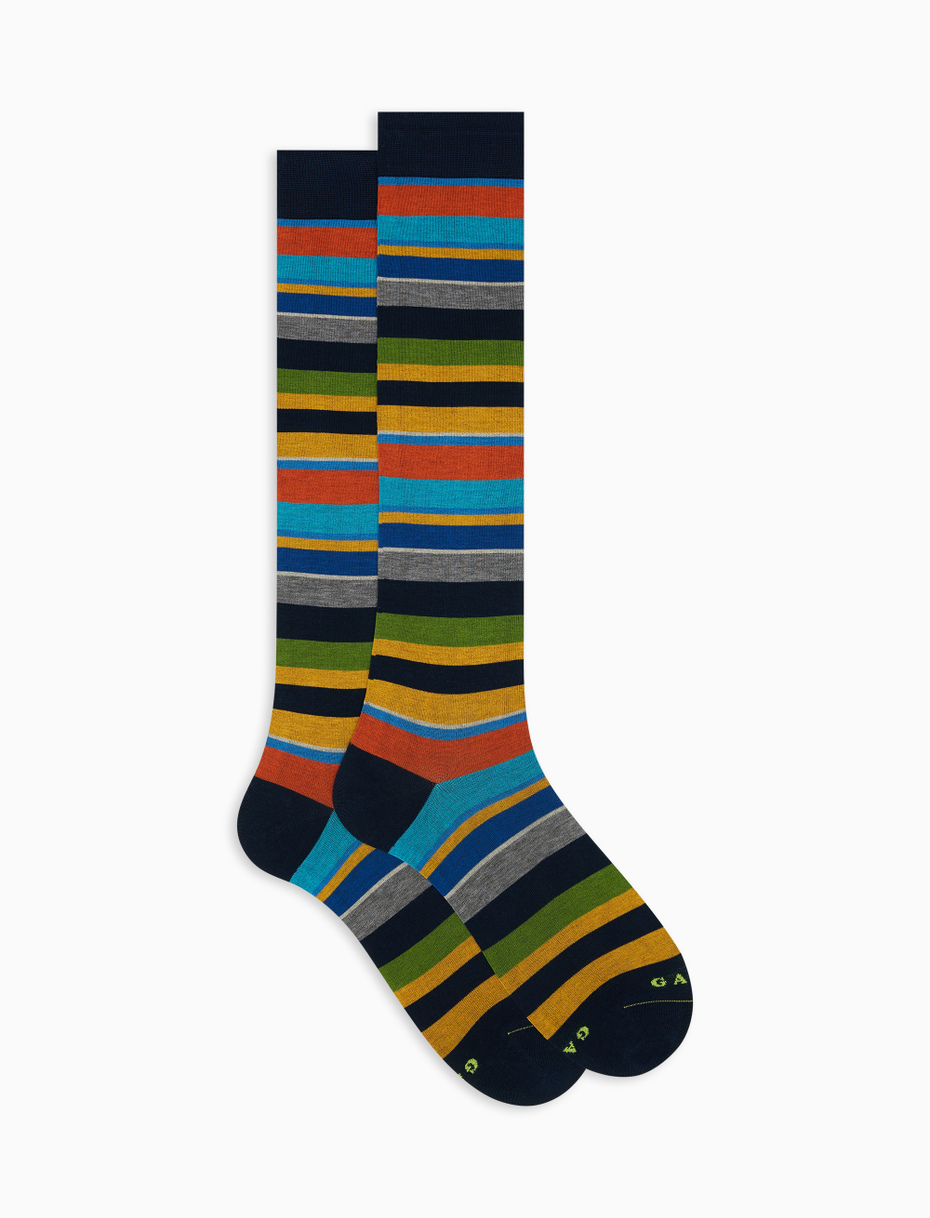 Calze lunghe uomo cotone leggerissimo blu oltremare righe multicolor - Gallo 1927 - Official Online Shop