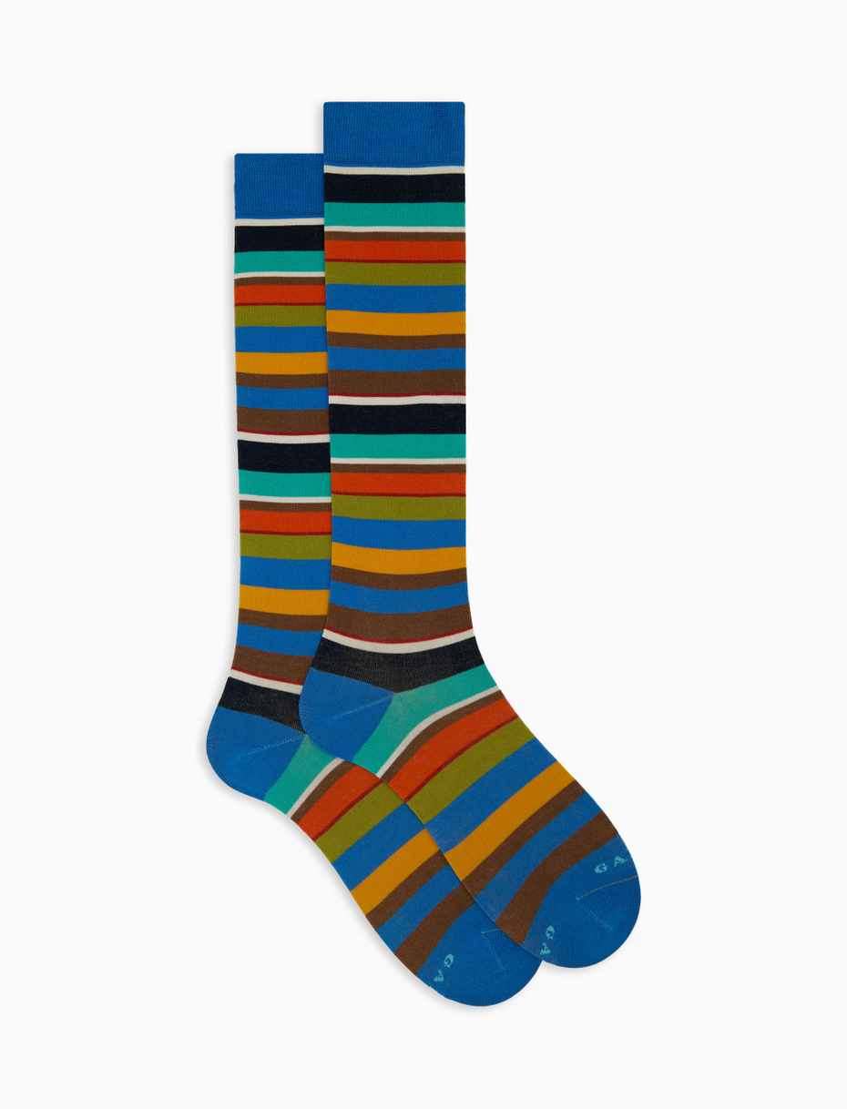 Men's long light blue cotton socks with multicoloured stripes - Gallo 1927 - Official Online Shop