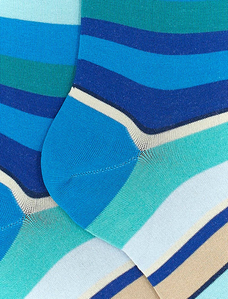 Men's long topaz blue ultra-light cotton socks with multicoloured stripes - Gallo 1927 - Official Online Shop