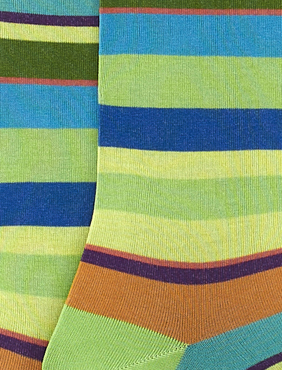 Men's long lime green ultra-light cotton socks with multicoloured stripes - Gallo 1927 - Official Online Shop