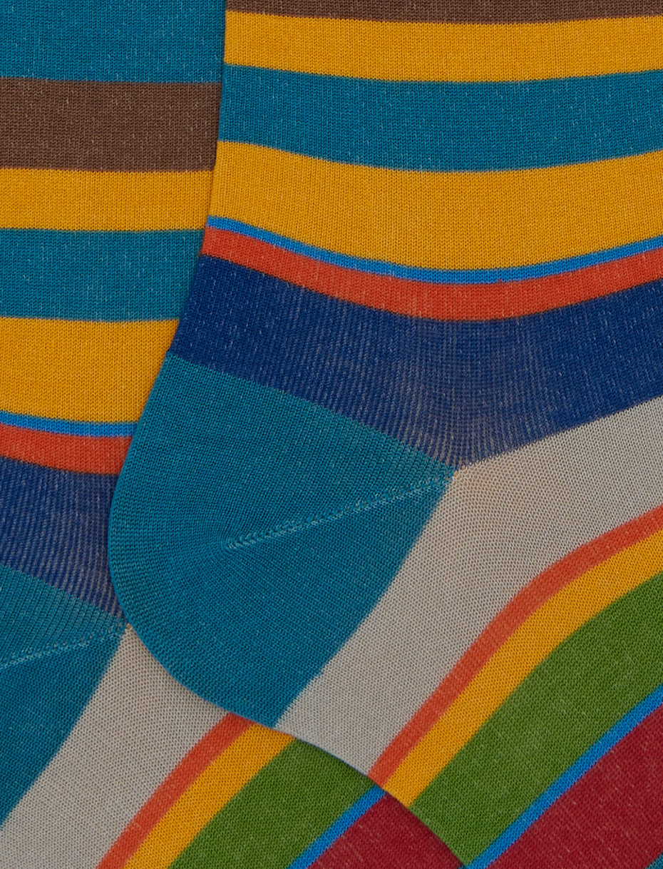 Men's long light blue cotton socks with multicoloured stripes - Gallo 1927 - Official Online Shop