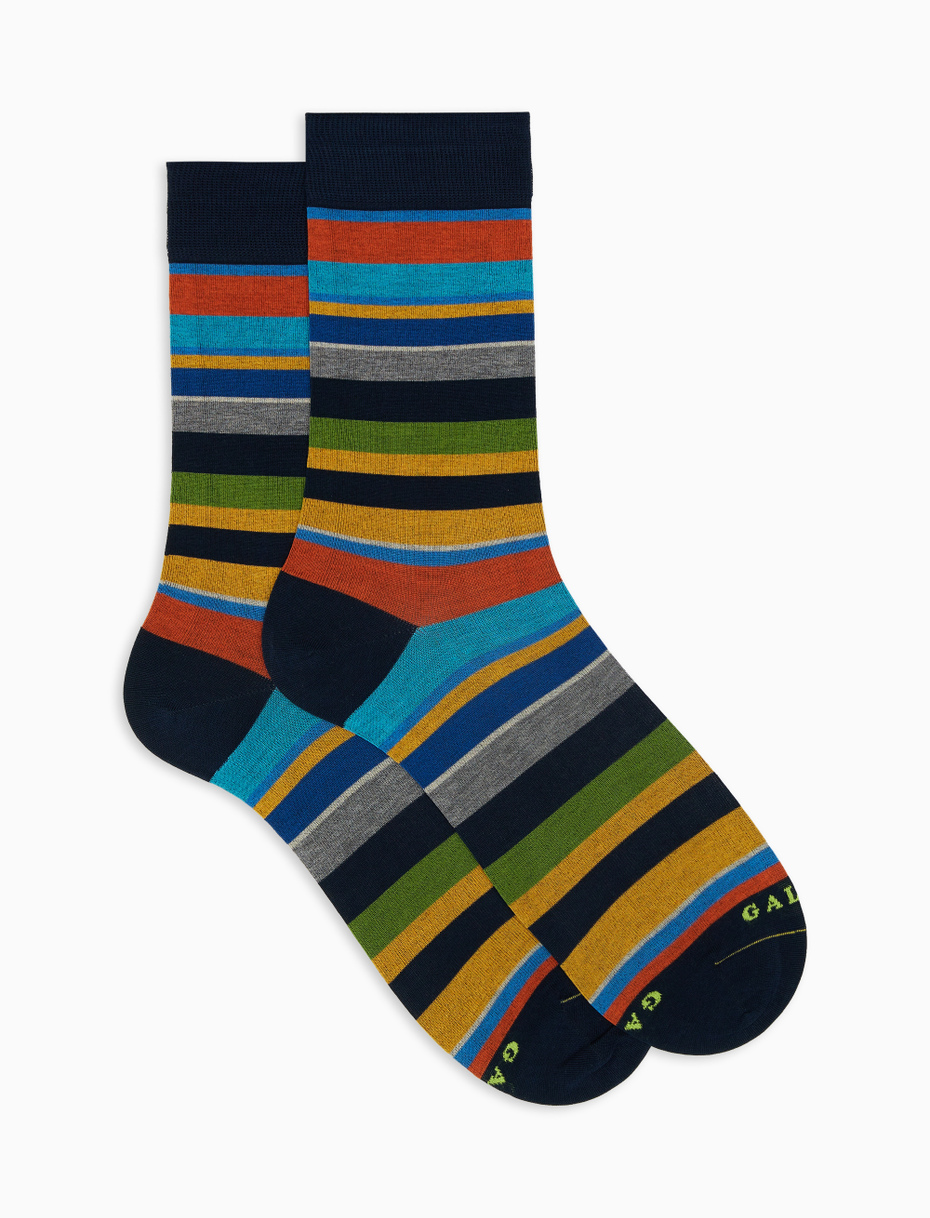 Men's short ocean blue ultra-light cotton socks with multicoloured stripes - Gallo 1927 - Official Online Shop