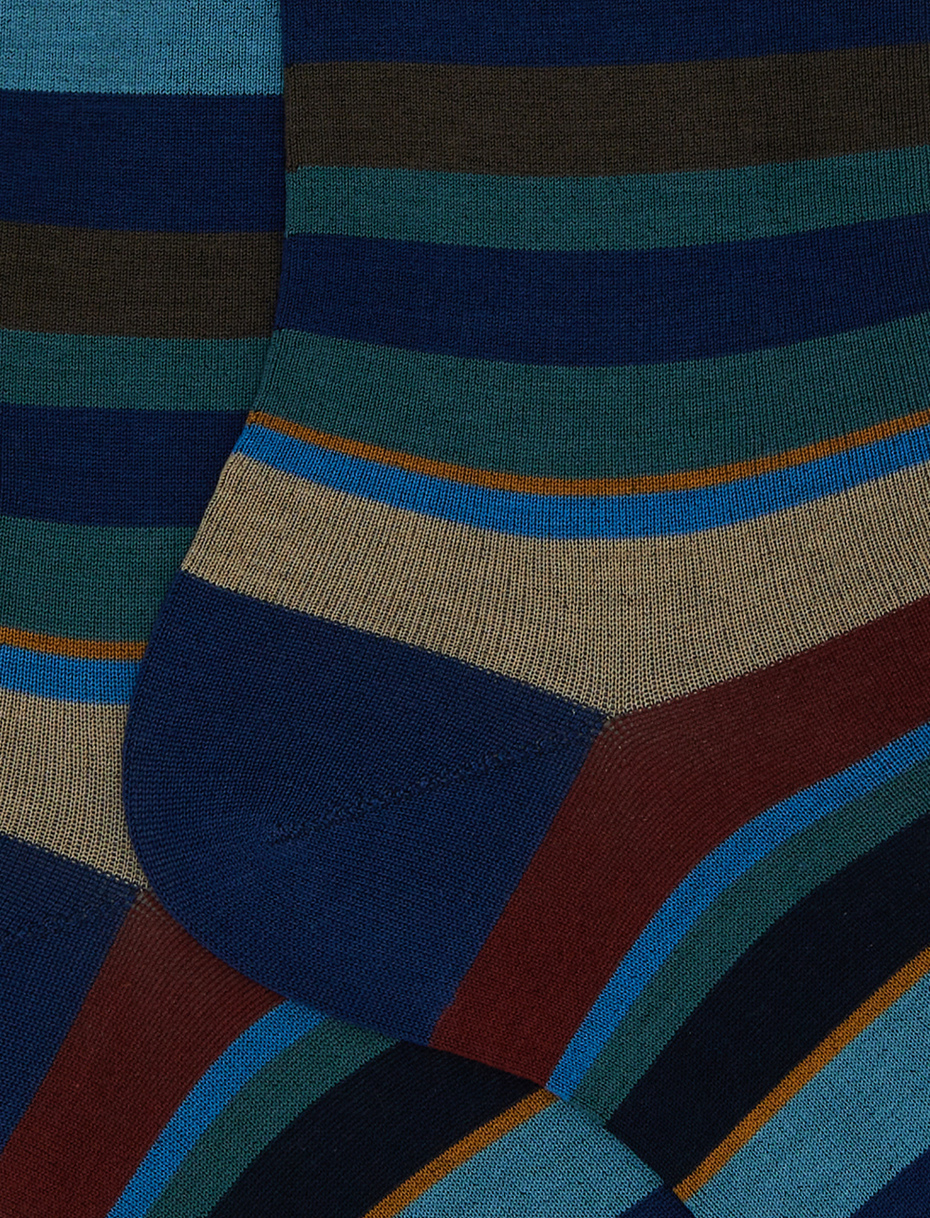 Men's short blue cotton socks with multicoloured stripes - Gallo 1927 - Official Online Shop