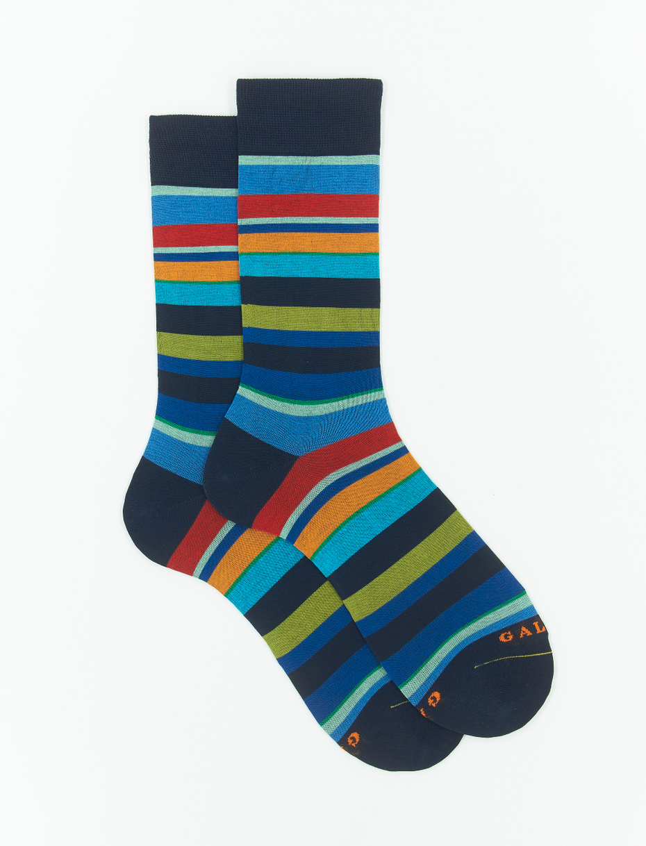 Men's short ocean blue ultra-light cotton socks with multicoloured stripes - Gallo 1927 - Official Online Shop