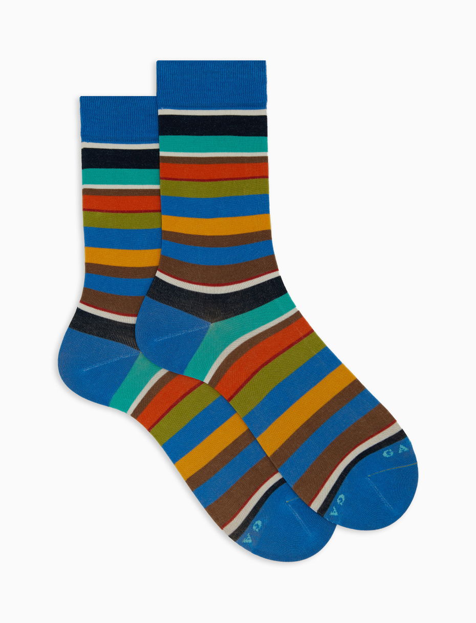 Men's short light blue cotton socks with multicoloured stripes - Gallo 1927 - Official Online Shop