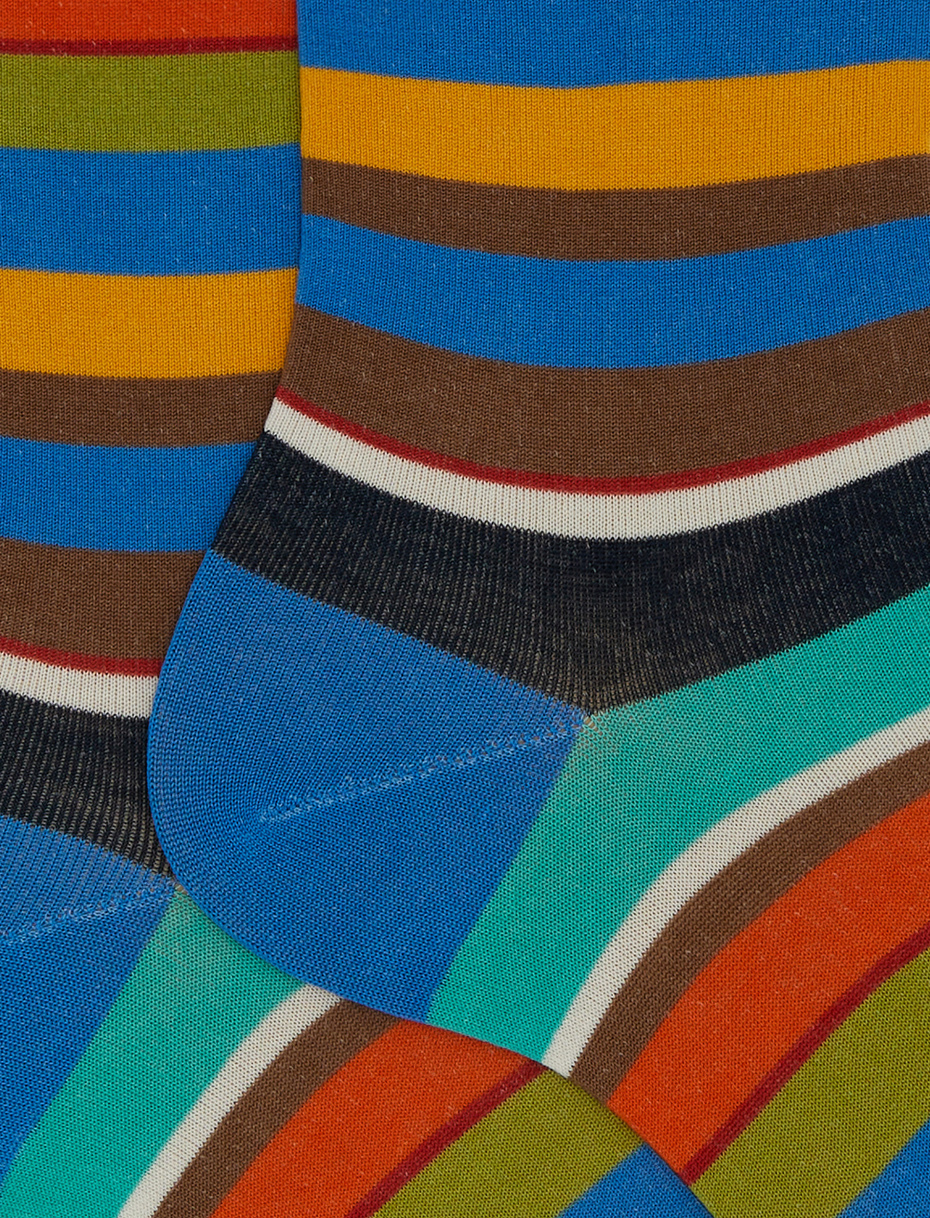 Men's short light blue cotton socks with multicoloured stripes - Gallo 1927 - Official Online Shop