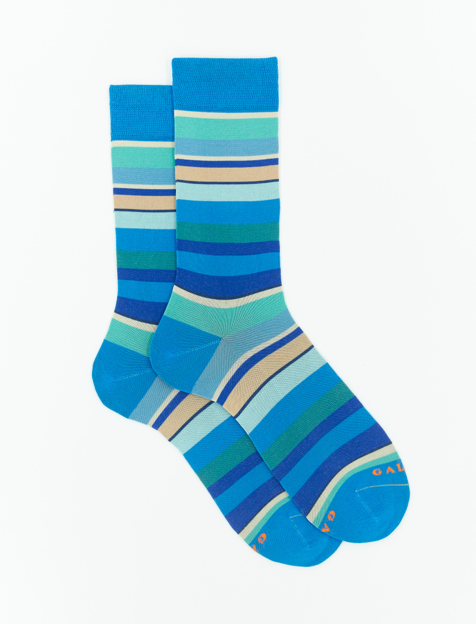 Men's short topaz blue ultra-light cotton socks with multicoloured stripes - Gallo 1927 - Official Online Shop