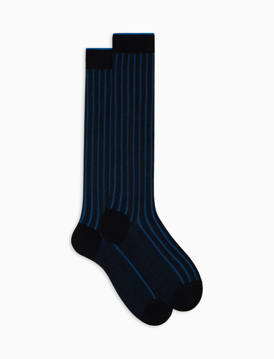 Men's long blue plated cotton socks with wide rib stitch - Gallo 1927 - Official Online Shop