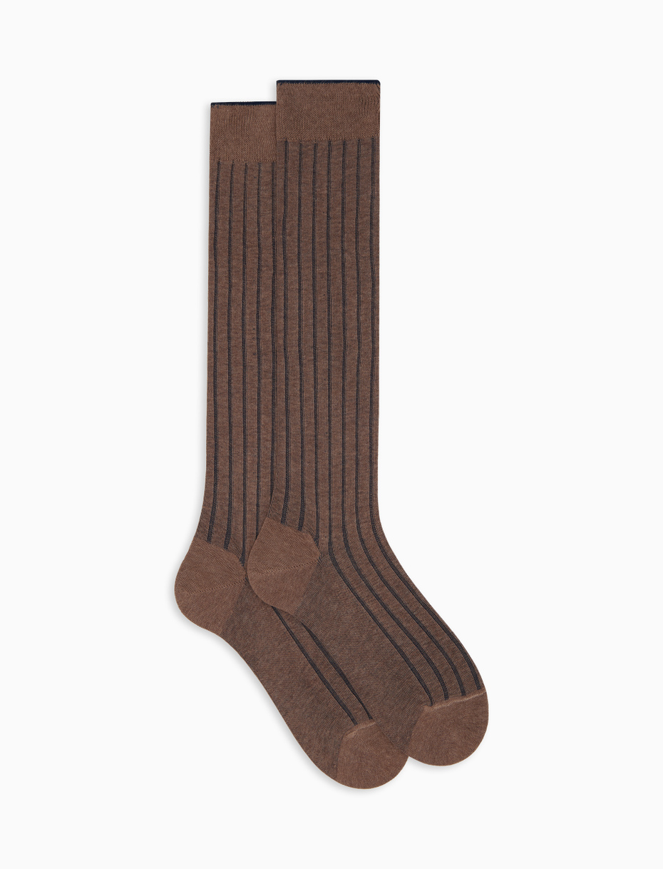 Men's long beige plated cotton socks with wide rib stitch - Gallo 1927 - Official Online Shop