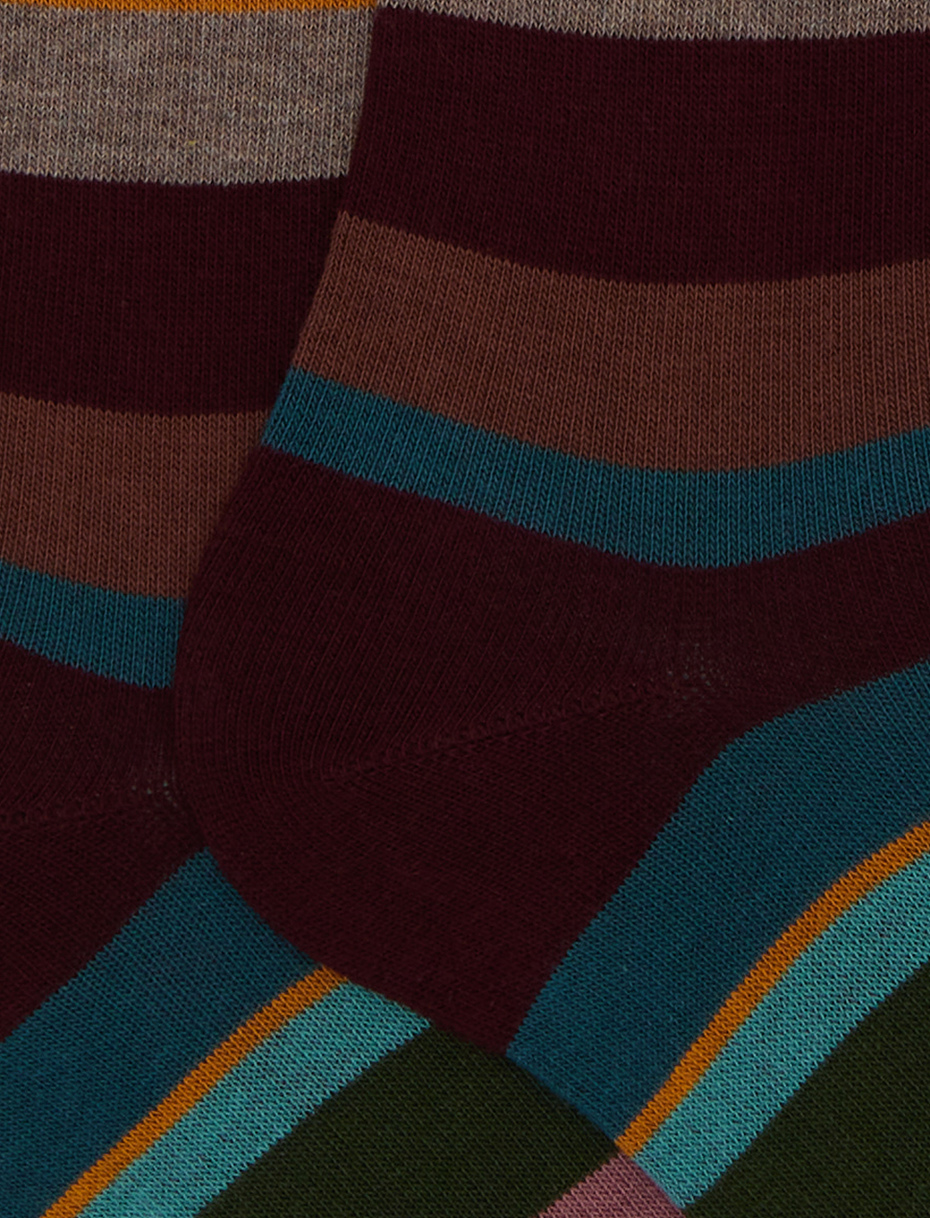 Men's long burgundy cotton socks with multicoloured stripes - Gallo 1927 - Official Online Shop