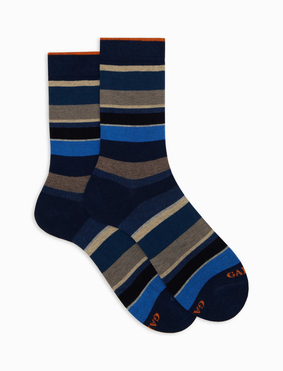 Men's short blue cotton socks with multicoloured stripes - Gallo 1927 - Official Online Shop