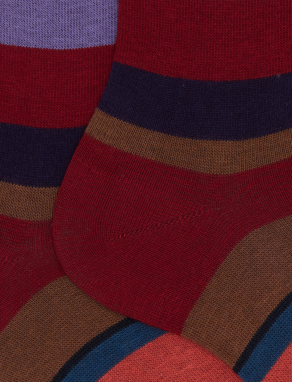 Men's short burgundy cotton socks with multicoloured stripes - Gallo 1927 - Official Online Shop