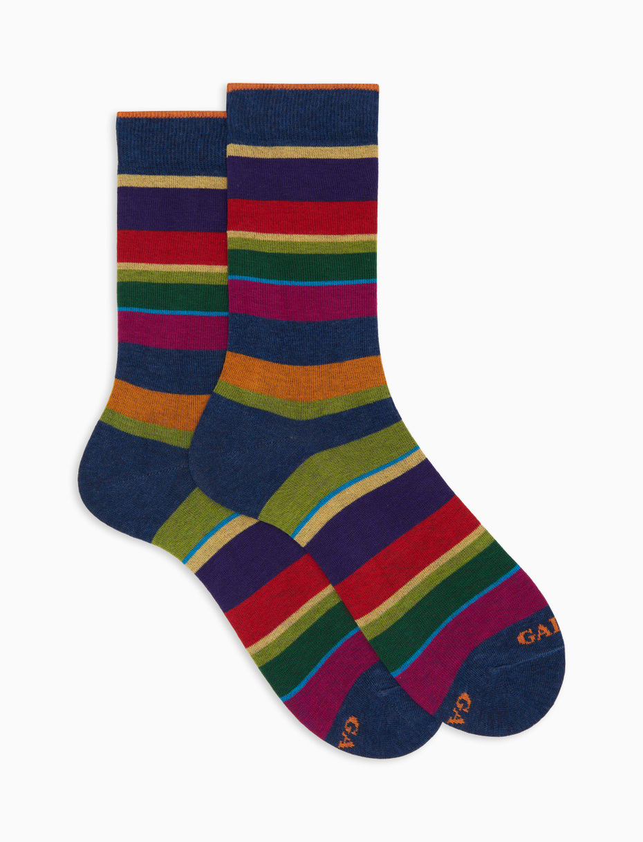 Men's short blue cotton socks with multicoloured stripes - Gallo 1927 - Official Online Shop