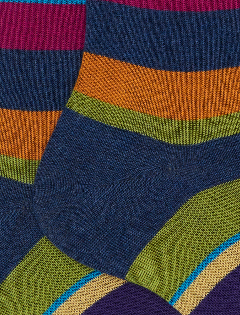 Men's short blue cotton socks with multicoloured stripes - Gallo 1927 - Official Online Shop
