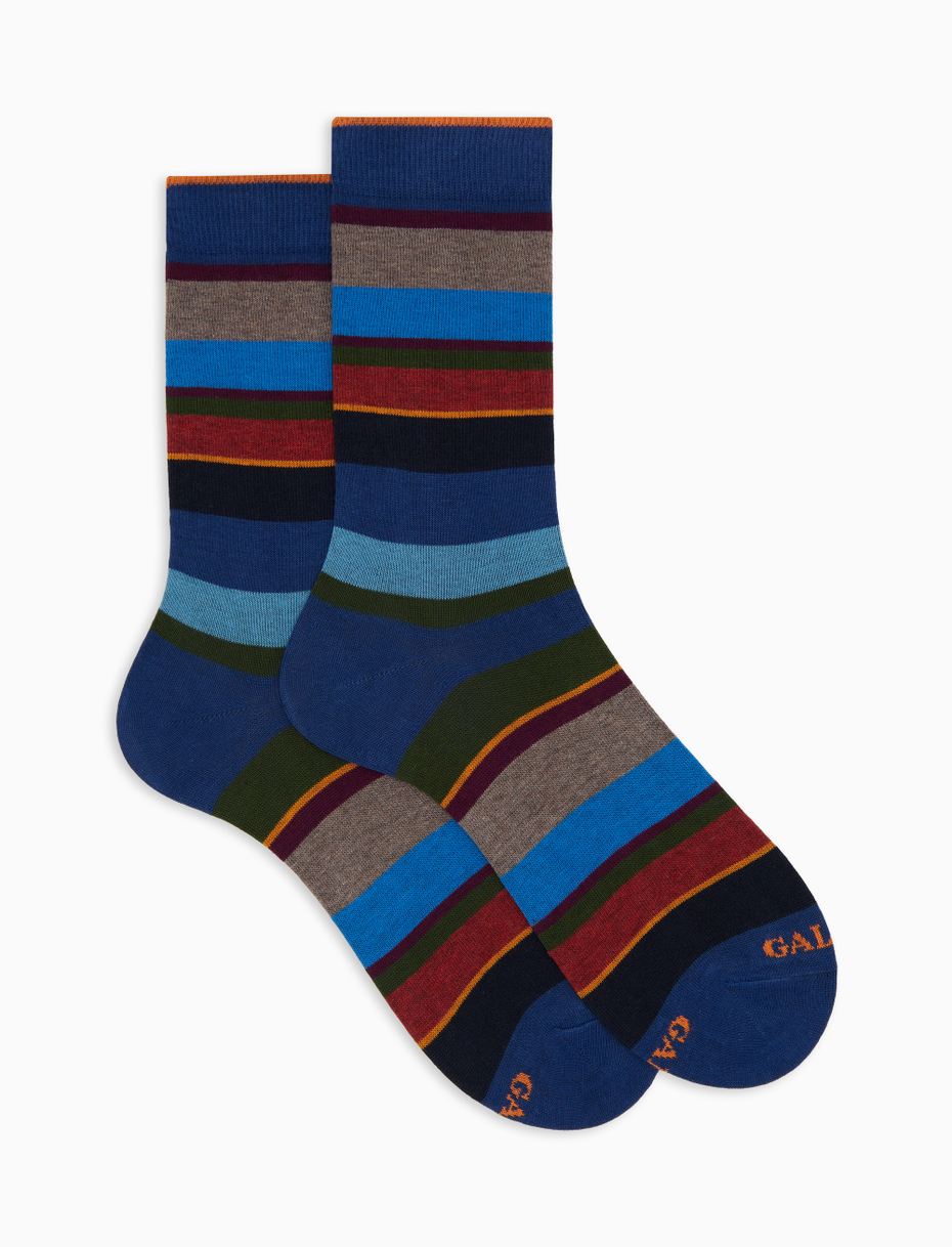 Men's short blue cotton socks with multicoloured stripes - Gallo 1927 - Official Online Shop