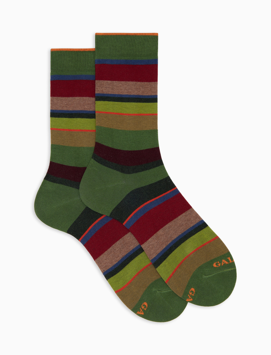 Men's short green cotton socks with multicoloured stripes - Gallo 1927 - Official Online Shop