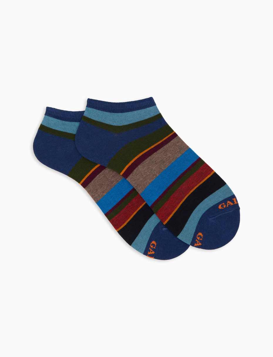 Blue cotton men's ankle socks with multicolored stripes - Gallo 1927 - Official Online Shop