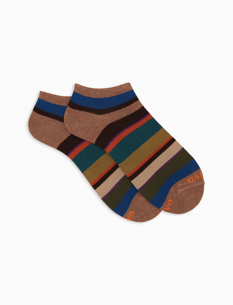 Beige cotton men's ankle socks with multicolored stripes - Gallo 1927 - Official Online Shop