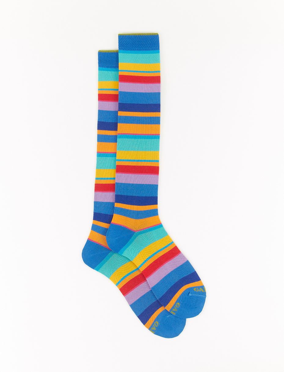 Men's long Aegean blue light cotton socks with multicoloured stripes - Gallo 1927 - Official Online Shop