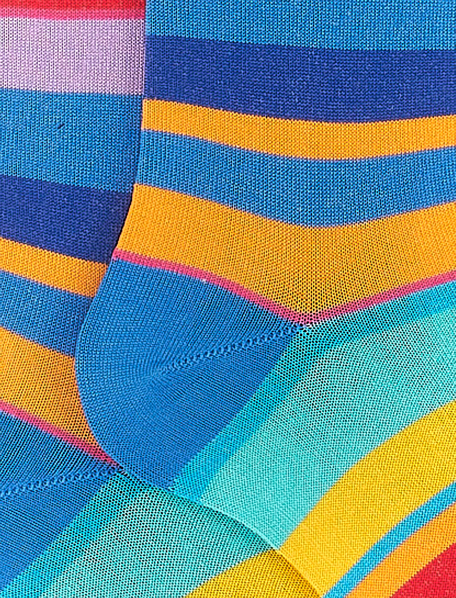 Men's long Aegean blue light cotton socks with multicoloured stripes - Gallo 1927 - Official Online Shop